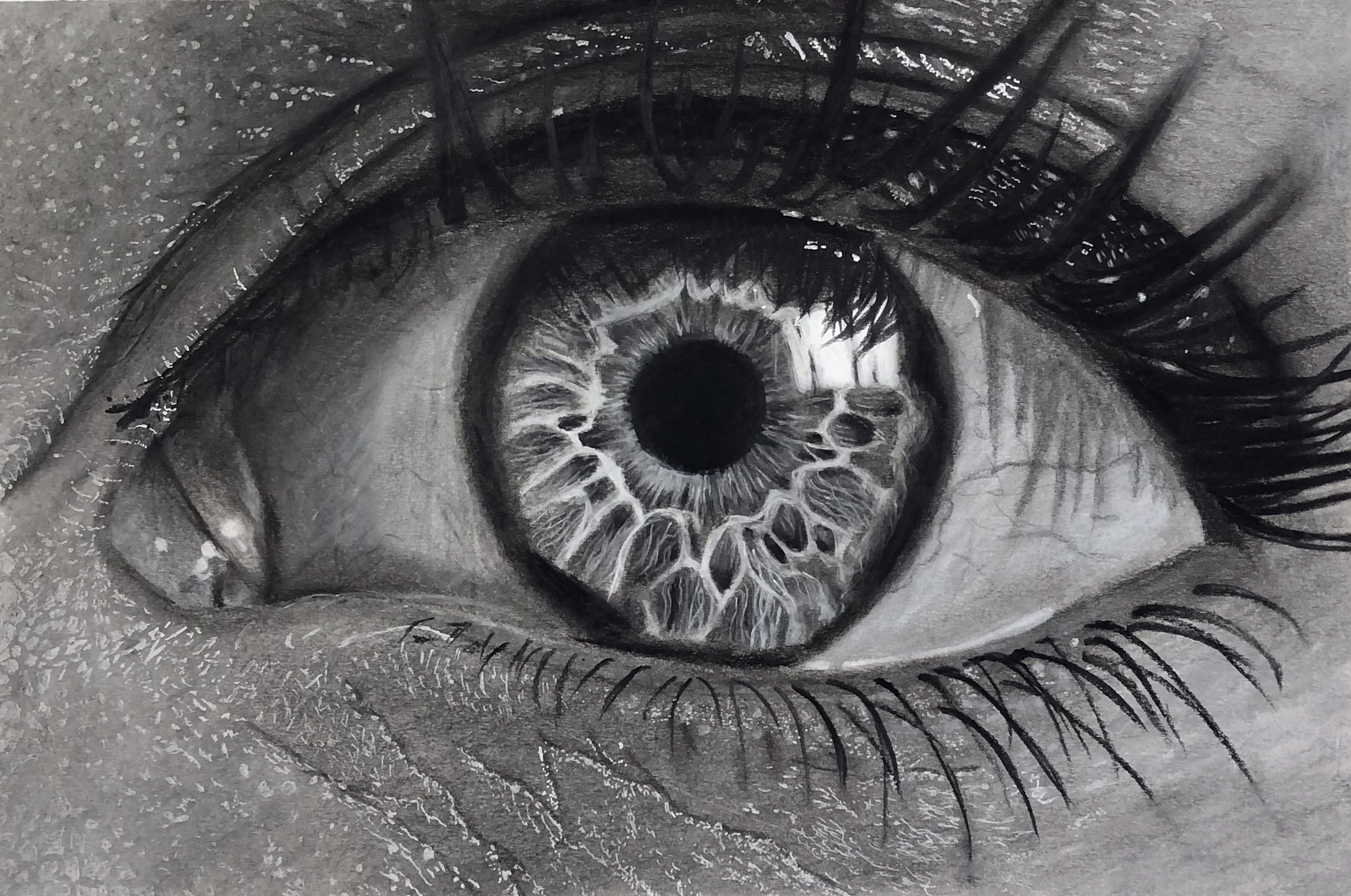 charcoal drawing of an eye with white highlights